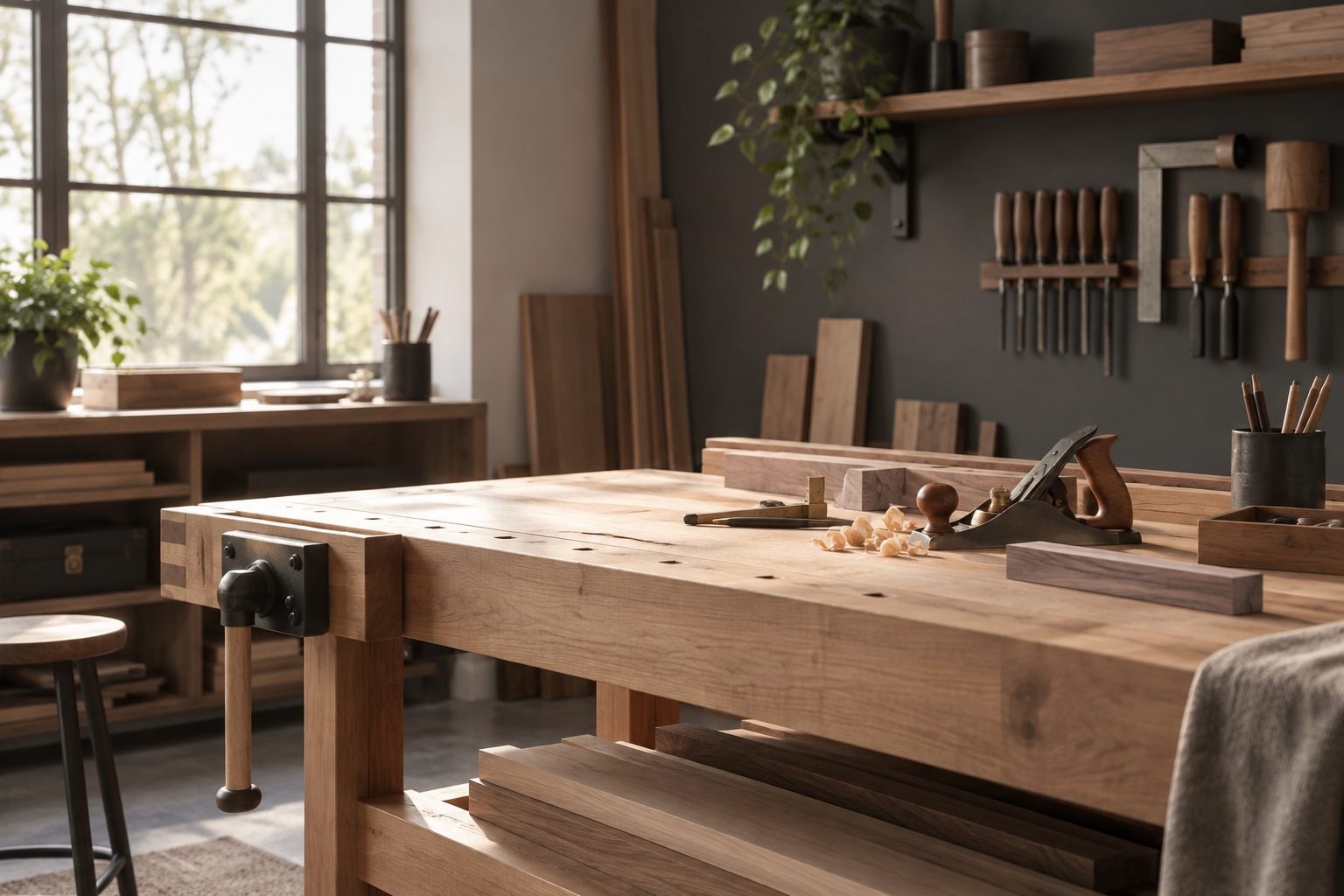 A small, tidy woodworking workshop with a natural wood workbench and hand tools, lit by a large window.