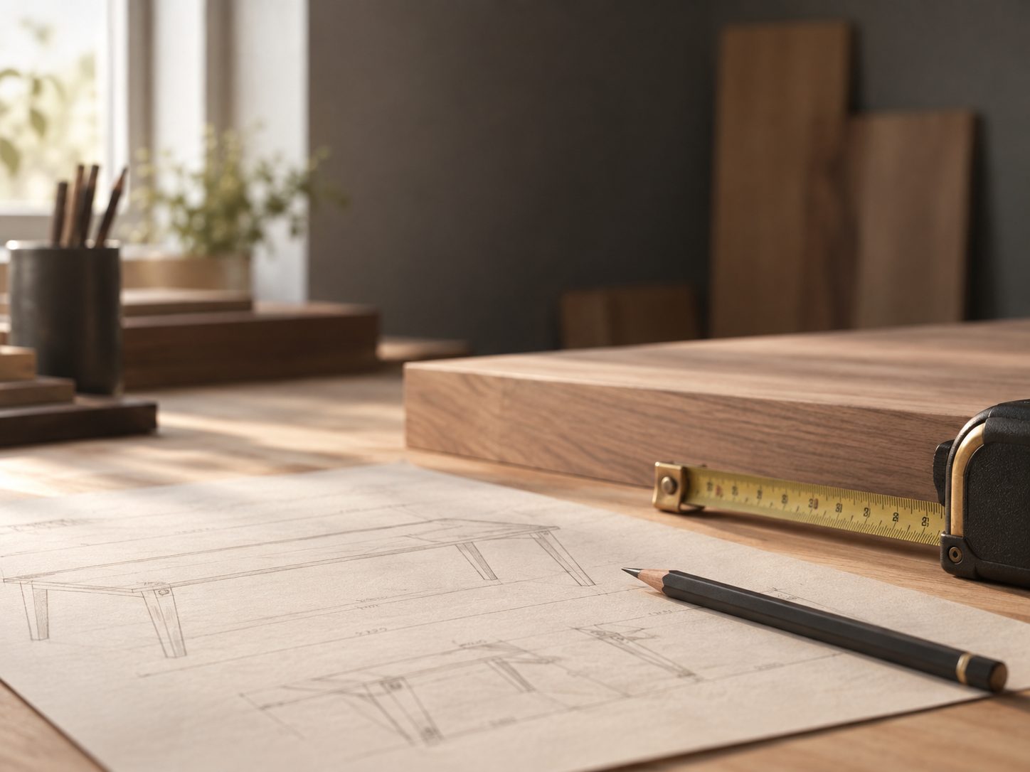 A hand-drawn sketch of a trestle table with a pencil and measuring tape on a raw wood surface.