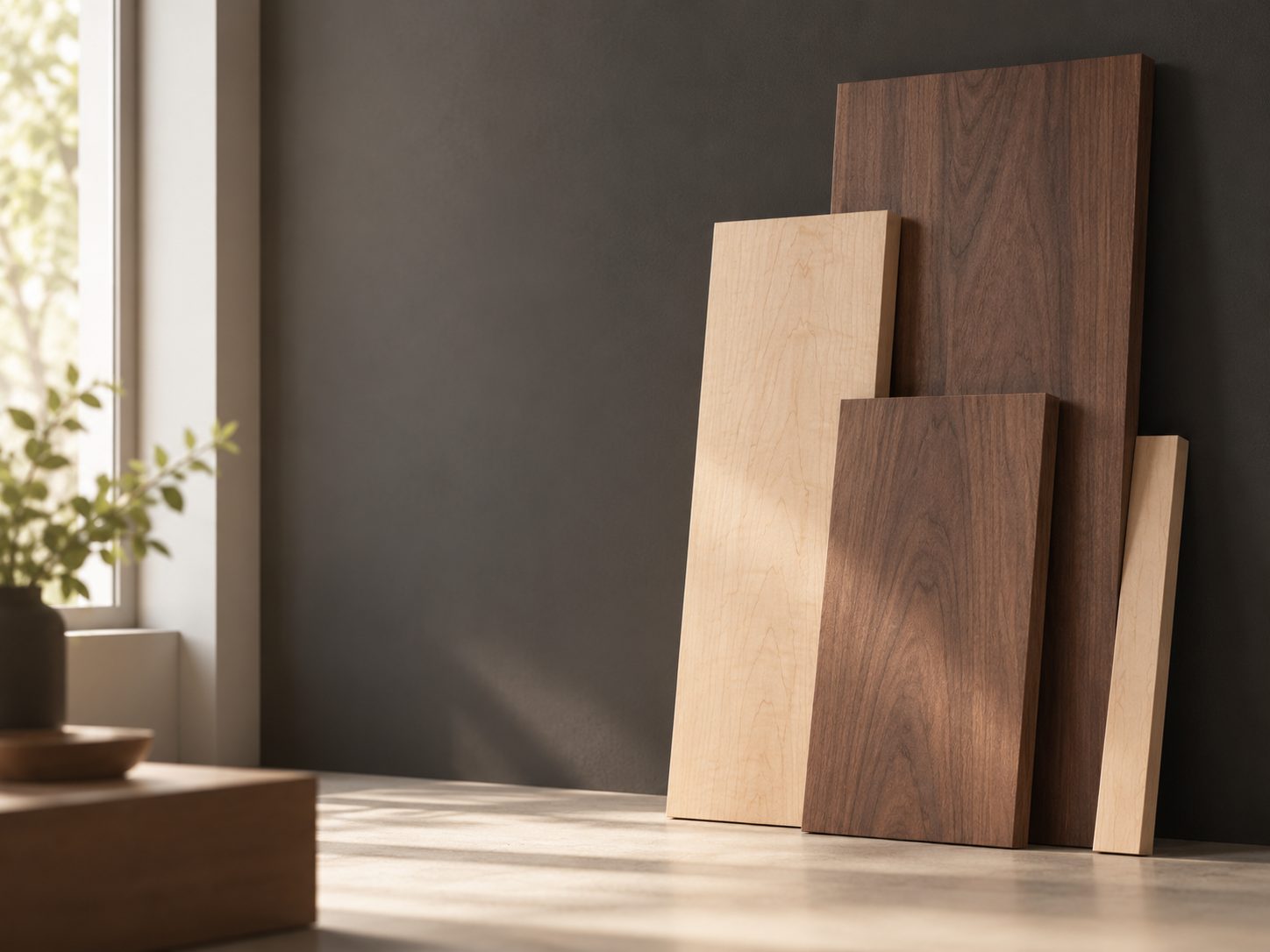 Raw walnut and maple hardwood boards leaning against a charcoal wall in natural light.