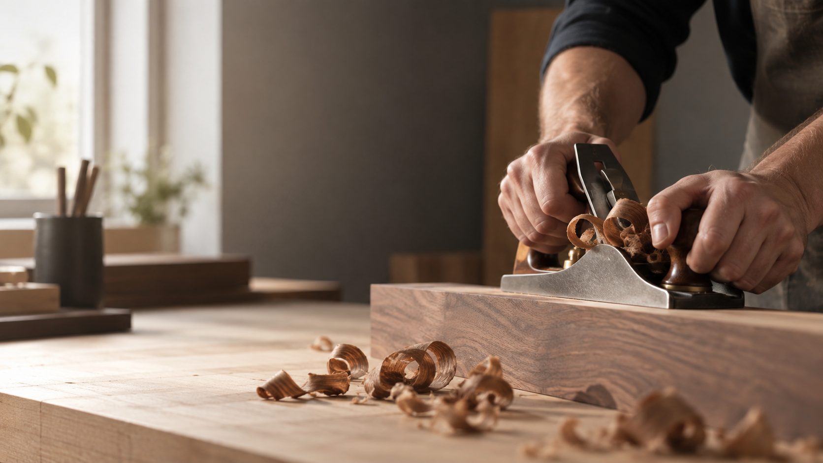 A woodworker hand-planing a walnut board on a workbench, with curled wood shavings and natural window light.